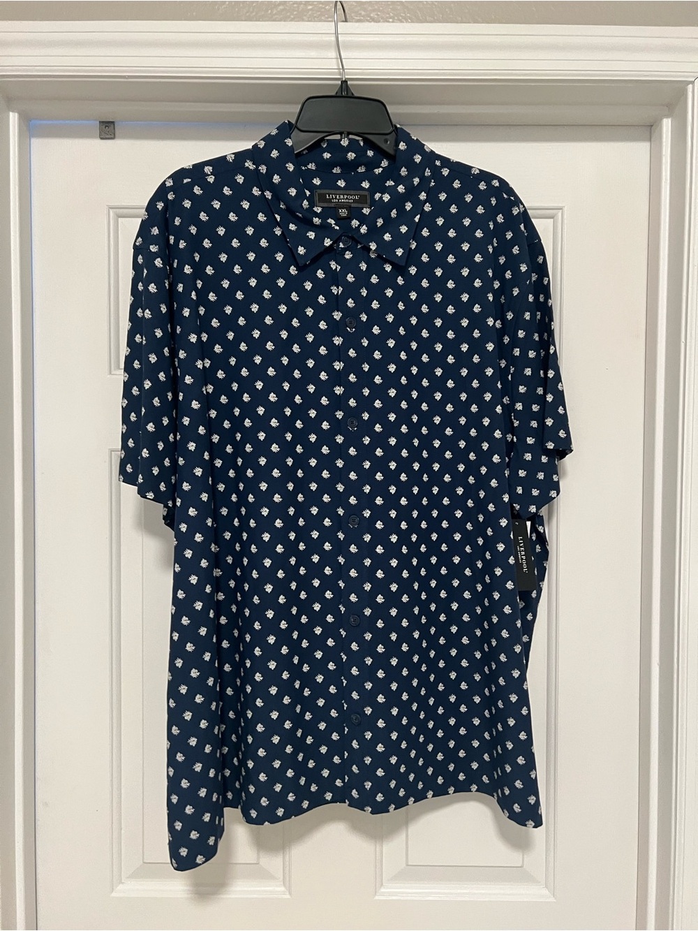 Liverpool Navy Blue Short-Sleeve Button-Up Shirt with White Diamond Print